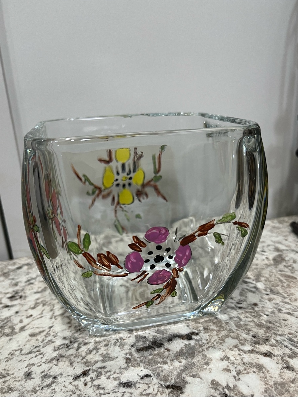 Hand-Painted Floral Glass Vase - Yellow & Pink Accents Vintage EUC
